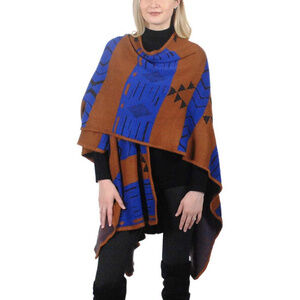 Elietian Rust Brown & Blue Geometric Poncho Wrap